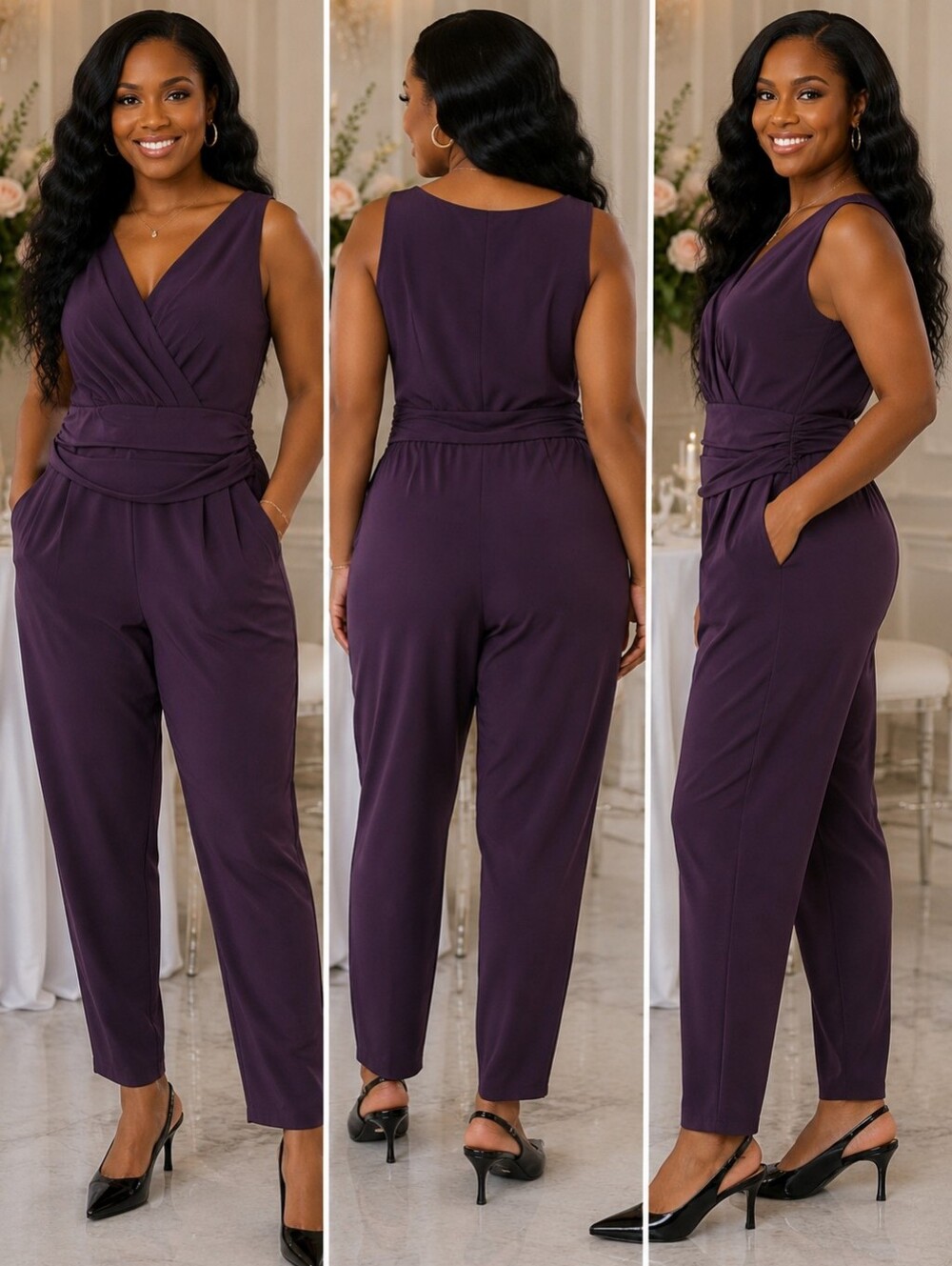 Bar III Plum Purple Draped Jumpsuit Size Large | Faux Wrap Sleeveless Evening Ju